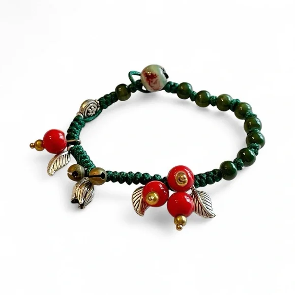 Holly Berry Red Bracelet Ceramic Beads Boho Green Silver Small Size - Picture 2 of 7